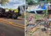 Colisão entre caminhão e caminhonete deixa veículo tombado e motorista preso às ferragens em Aracruz