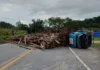 Caminhão com carga de eucalipto tomba após colisão na BR-101, em Pedro Canário