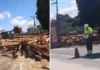 Carreta carregada com madeira de eucalipto tomba na BR-101, em Linhares
